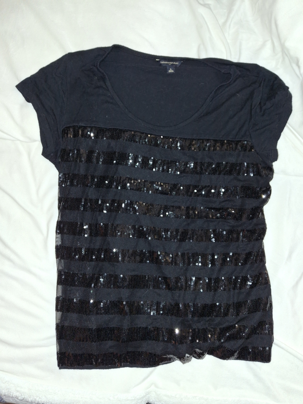 Banana Republic Black Short Sleeve Sequin Stripe Top